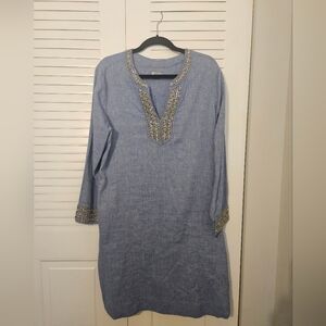 Chico's Size 3 Womens Chambray And Beaded Linen Dress